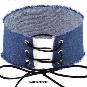 Lace Up Denim Choker Necklace Women Color Blue Jean